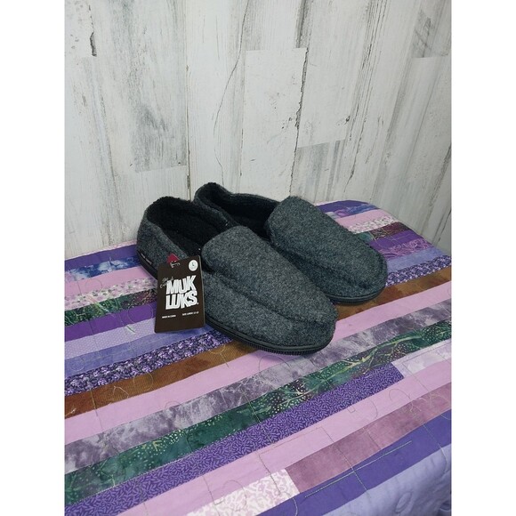 Men's Faux Wool Moccasin Black Gray Size Large 12-13 - Picture 1 of 9